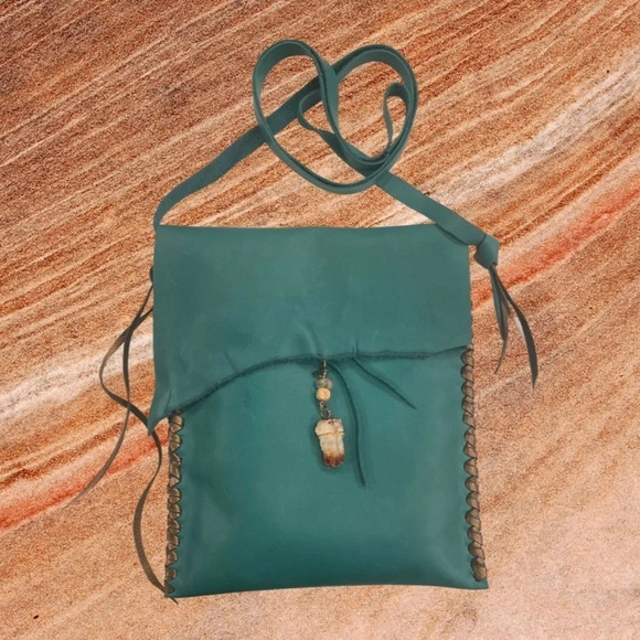 Teal Leather Crossbody Handbag w/Citrine Crystal, NWT, Handmade by me - Picture 4 of 6